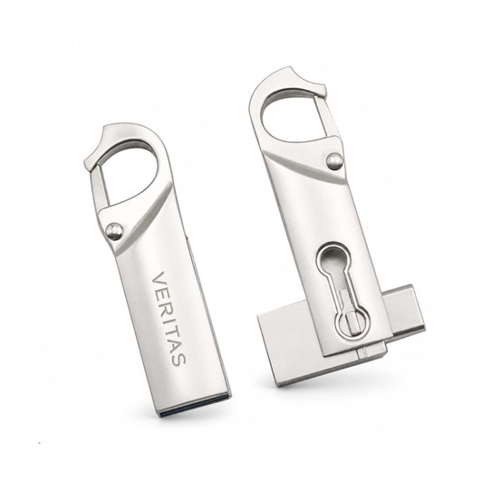 A silver clip lock flash drive with a carabiner-style attachment and a keyhole design. Includes branding.
