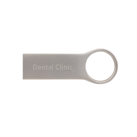 A grey USB flash drive featuring a round loop and branding on its surface.