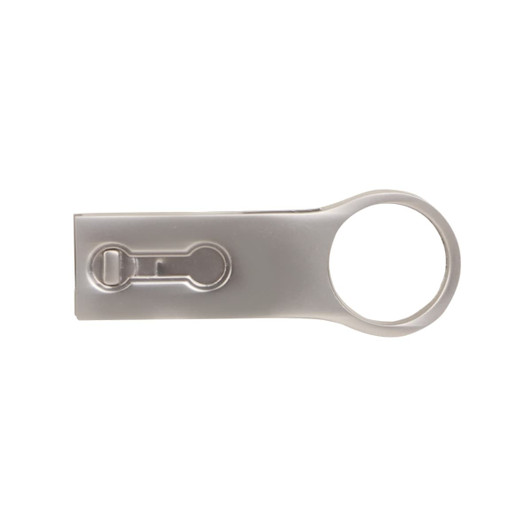 A silver USB flash drive with a circular end and a sliding cover, featuring a logo.