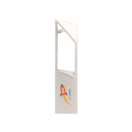 A silver portable metal flash drive with a sleek design and a rectangular shape, featuring a logo.