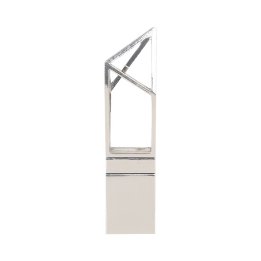 A silver flash drive with a unique, geometric design and a logo on its surface.