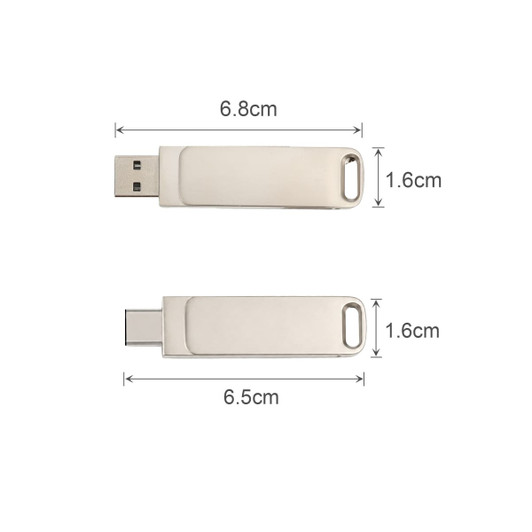 A silver double-end swivel Type C flash drive with dimensions of 6.8 cm by 1.6 cm. Features a logo.