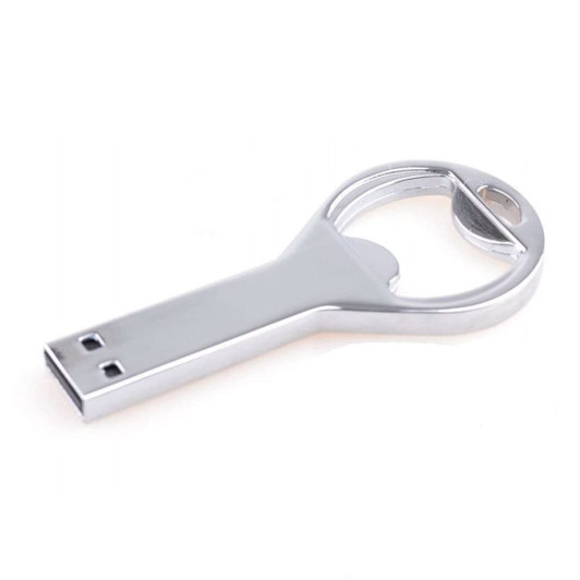 A drink bottle opener and flash drive in a shiny silver finish, featuring a key shape design and a logo.