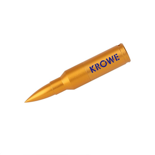 A golden bullet-shaped flash drive with a pointed tip and a branding logo.
