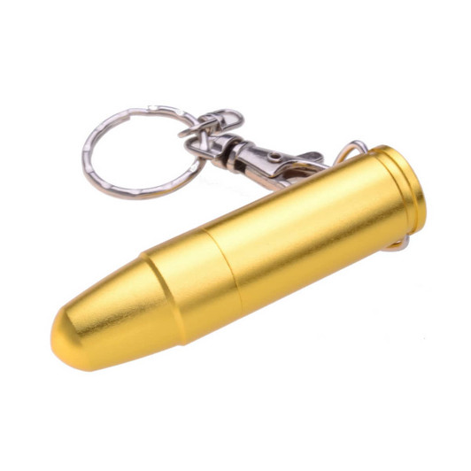 A gold waterproof bullet flash drive with a keychain attachment. Features a sleek, cylindrical design.