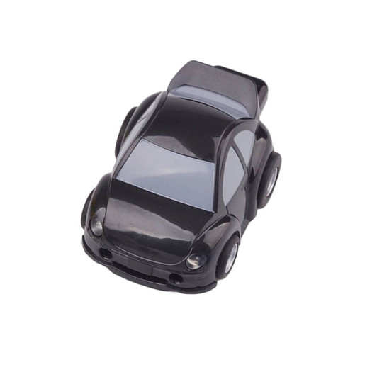A black car-shaped flash drive with detailed features and wheels, designed for tech storage.