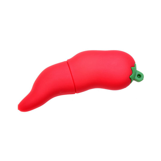 A bright red chilli-shaped flash drive with a green tip, featuring a logo on its surface.