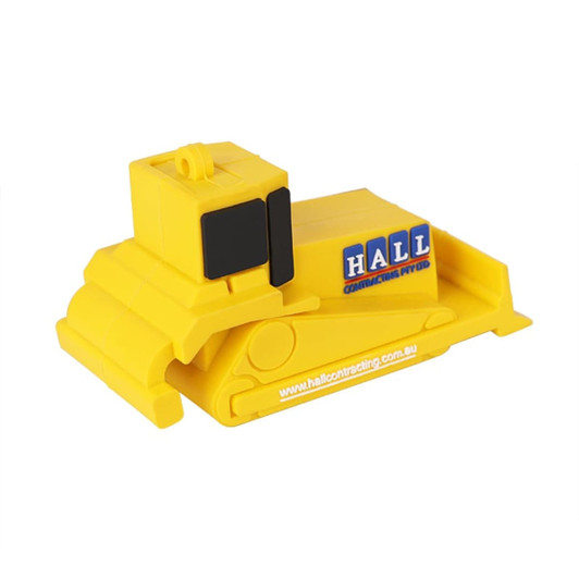 A yellow USB flash drive designed in the shape of a bulldozer, featuring a logo on the side.