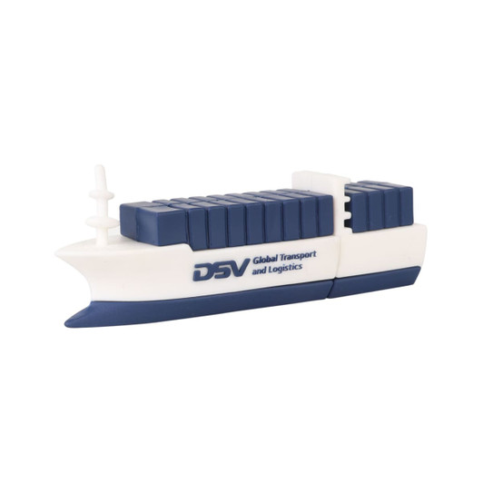 A flash drive shaped like a cargo ship in white and navy blue, featuring a logo on the side.