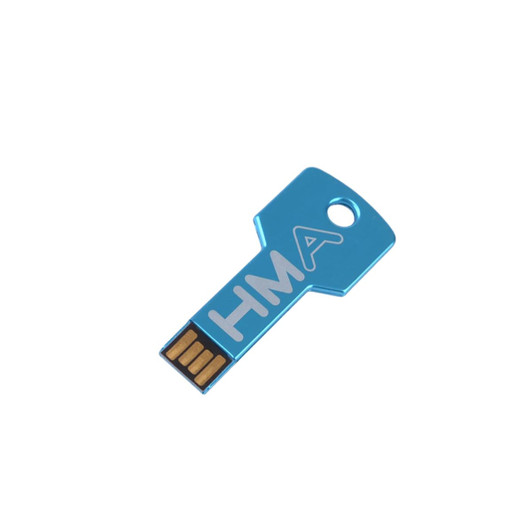 A blue square key-shaped flash drive with a branding logo, featuring a gold connector tip.