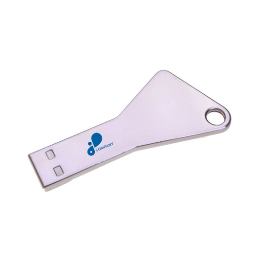 A silver flash drive in the shape of a key, featuring a logo and a hole for a keychain attachment.