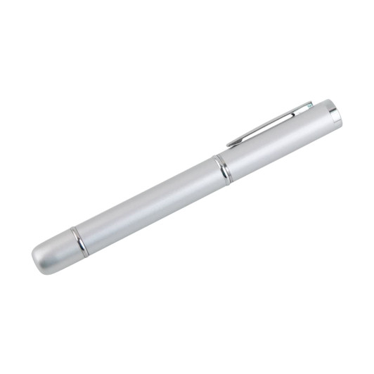 A silver USB memory pen with a sleek design and a clip for easy attachment. Features a logo on the body.