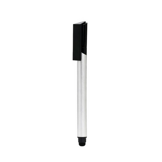 A silver and black stylus USB pen featuring a sleek design and a logo on the barrel.