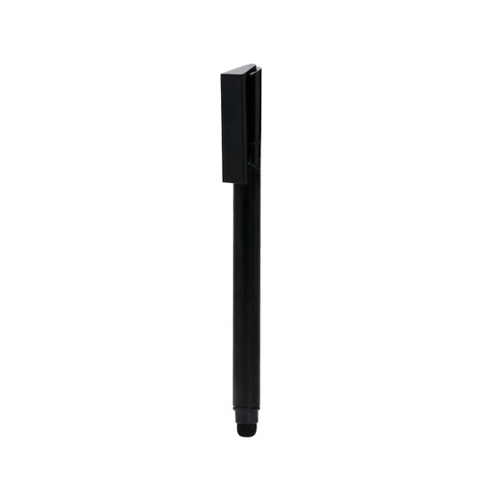 A black 3 in 1 stylus USB pen with a clip and a rubber tip for touchscreen use. It features a branding logo.