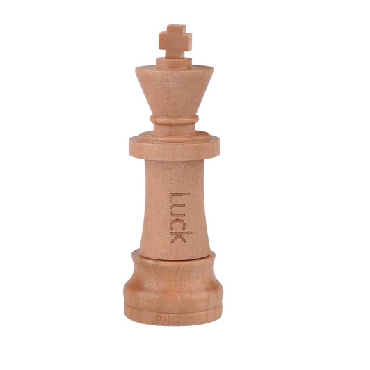 A wooden chess piece in the shape of a king, featuring a cross on top and engraved text, displayed against a white background.
