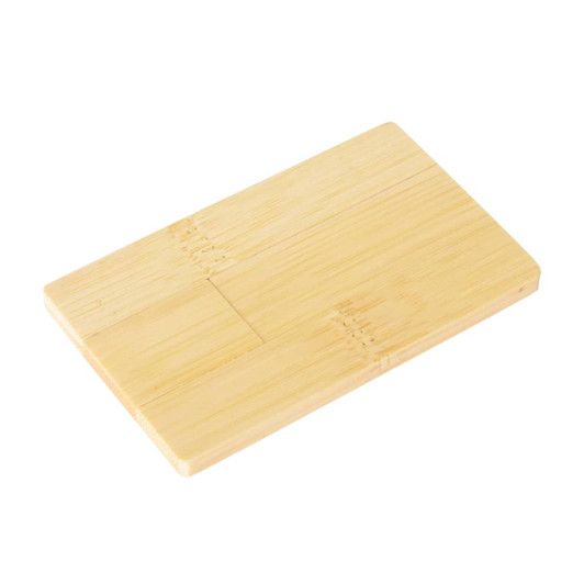 A wooden flash drive resembling a credit card, with a smooth, natural bamboo finish. It features a logo.