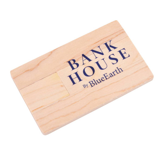 A wooden credit card flash drive with a natural wood finish and a branding logo on the surface.