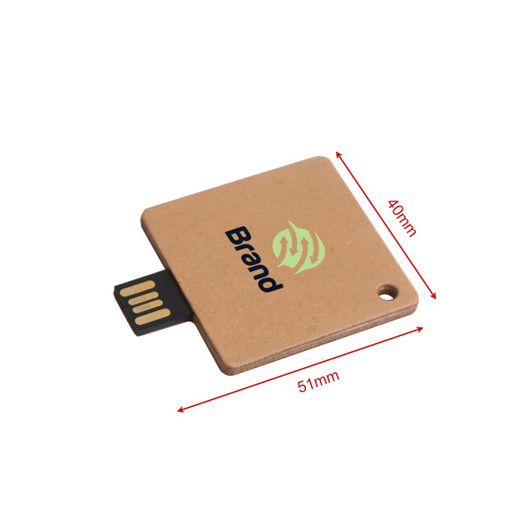 A small, eco-friendly card flash drive in brown with a logo and a USB connector. Dimensions: 51mm x 40mm.