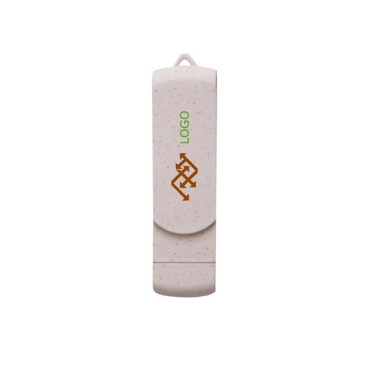 A white wheat straw Type C flash drive with a logo. It features a sleek, compact design ideal for technology use.