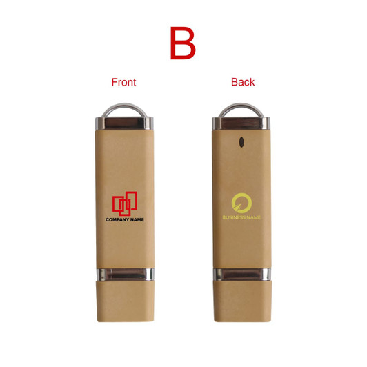 A brown eco-friendly flash drive with metal accents, featuring logos on both sides.