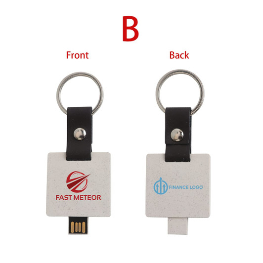 An Eco Mini Flash Drive Keychain featuring a square design, with a silver keyring and dual branding on each side.