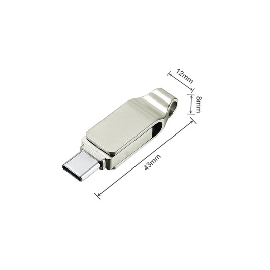 A silver Pivot Duo Type-C flash drive with a sleek design, showcasing its dimensions and a logo.