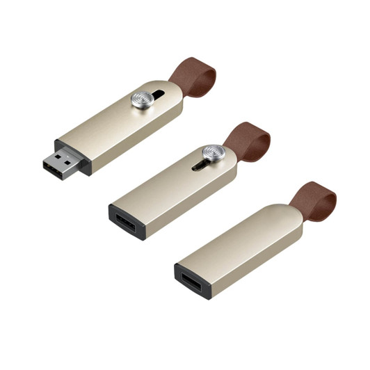 A sliding metal flash drive in gold, featuring a brown strap and a small button, displayed in three positions.