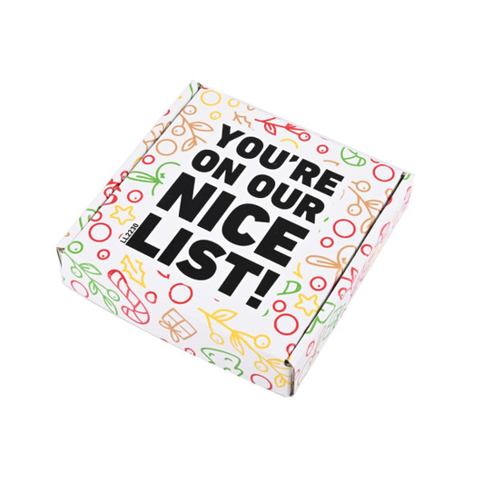 A custom box featuring festive graphics and the text "YOU'RE ON OUR NICE LIST!" in bold lettering.