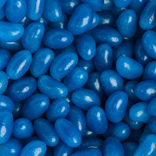A close-up of vibrant blue jelly beans, featuring a glossy finish and various oval shapes.
