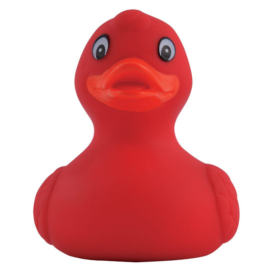 A bright red PVC bath duck with large eyes and a friendly expression, featuring a smooth surface and rounded shape.