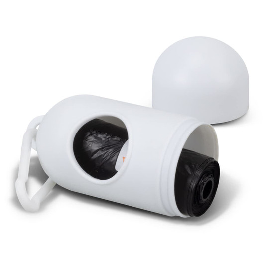 A white pet bag dispenser with a removable cap and a visible roll of black bags inside. It features a clip for attachment.