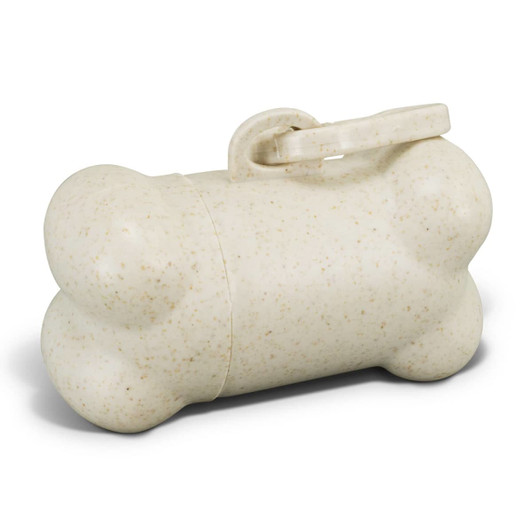 A bone-shaped pet bag dispenser in a natural beige colour, with a simple opening mechanism and a logo.