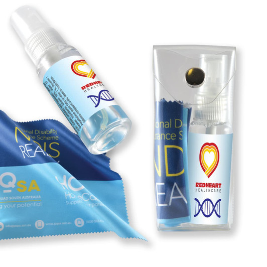 A blue cleaning cloth and a spray bottle in a clear case, featuring a logo and designed for screen cleaning.
