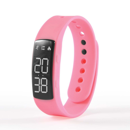 A pink Endurance Pedometer MKII with a digital display showing step and calorie counts.