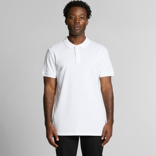 A white polo shirt with a collar and a logo, featuring a straight cut design.