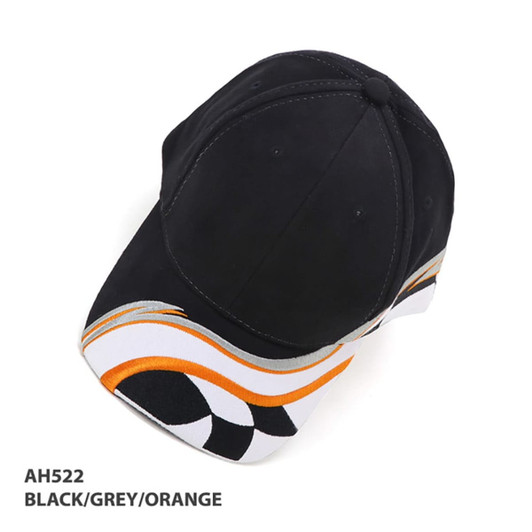 A black, grey, and orange cap with a distinctive design and a logo on the front.