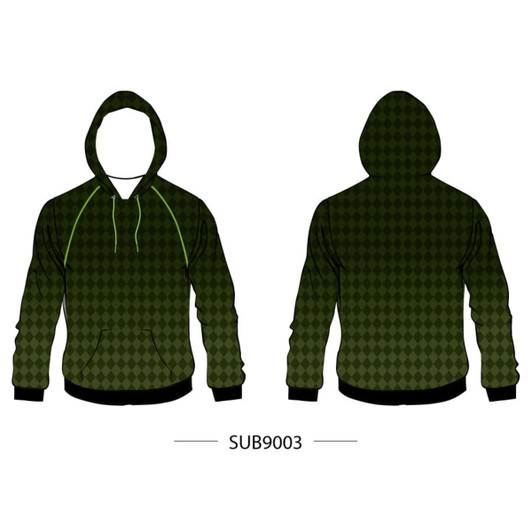 A green sublimated hoodie with a diamond pattern and drawstring hood, featuring a logo.