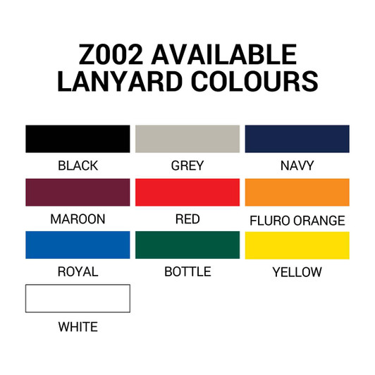 Colour options for the 2cm Nylon Webbing Lanyard: black, grey, navy, maroon, red, fluro orange, royal, bottle green, yellow, and white.