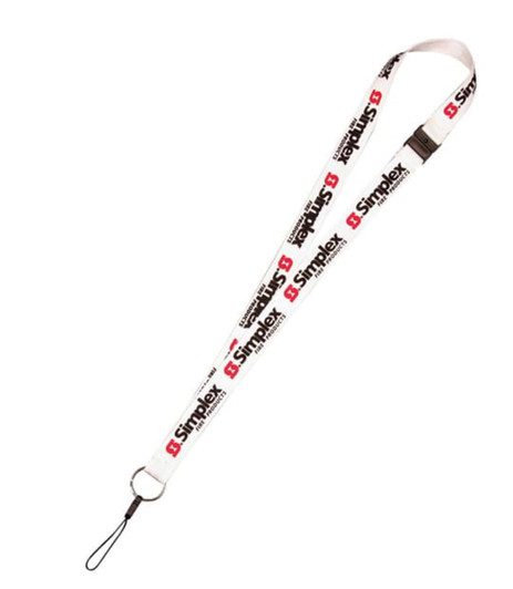 A white nylon webbing lanyard featuring a logo, with a metal clip and a loop at the end.