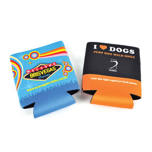 A collapsible cooler featuring blue and orange designs with a logo, ideal for holding drink bottles.