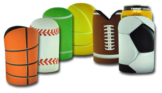 A collection of six drink bottle coolers, designed to resemble various sports balls in bright colours. Each features a logo.