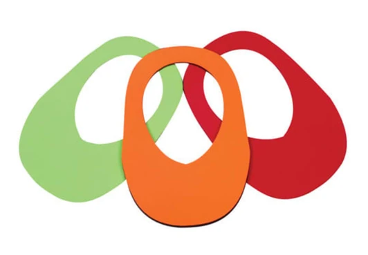A set of three visors in green, orange, and red, each with a rounded shape and an opening for the head.