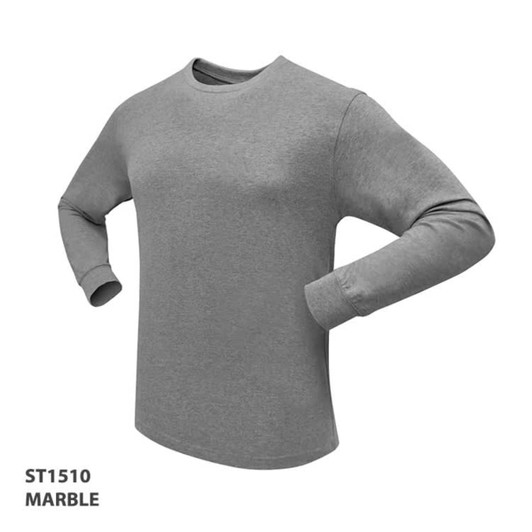 A grey long-sleeve t-shirt with a relaxed fit and a logo. It features a marble pattern.
