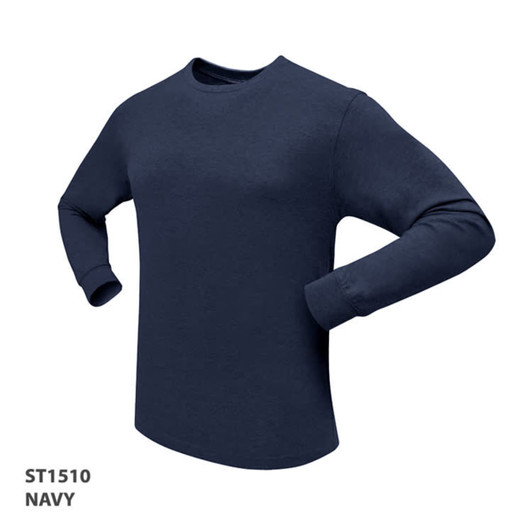 A navy long-sleeve T-shirt featuring a round neck and a brand logo.