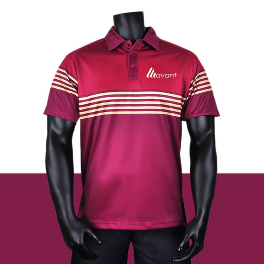 A maroon polo shirt featuring horizontal stripes and a logo, displayed on a black mannequin against a plain background.