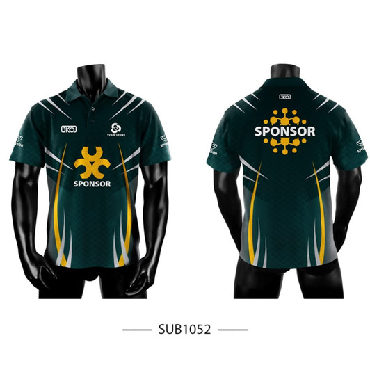 A dark green polo shirt with a stylish design featuring yellow accents and a logo on the front and back.