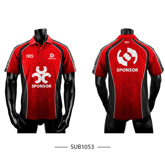 A red polo shirt featuring a logo and branding, with black accents on the sleeves and sides.