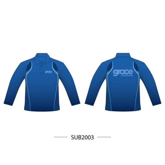 A blue polo shirt featuring long sleeves and a logo on the back. The shirt has a stylish design and mesh details.