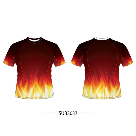 A short-sleeved t-shirt in red and orange, featuring a flame design at the hem and a logo on the front.