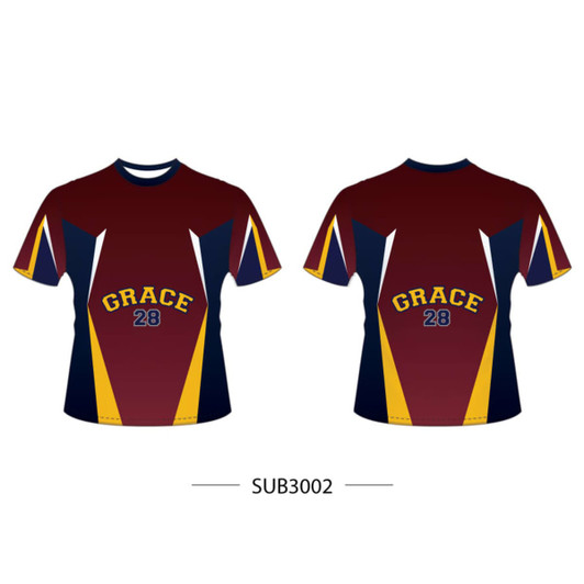 A maroon and navy T-shirt featuring yellow accents and a front graphic design. It has a logo on the front.